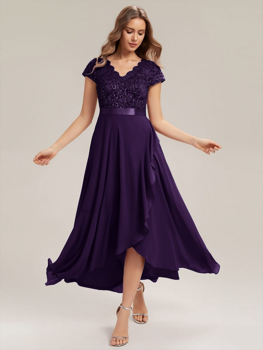 Deep V-Neck Chiffon Cap Sleeve Dress #color_Dark Purple