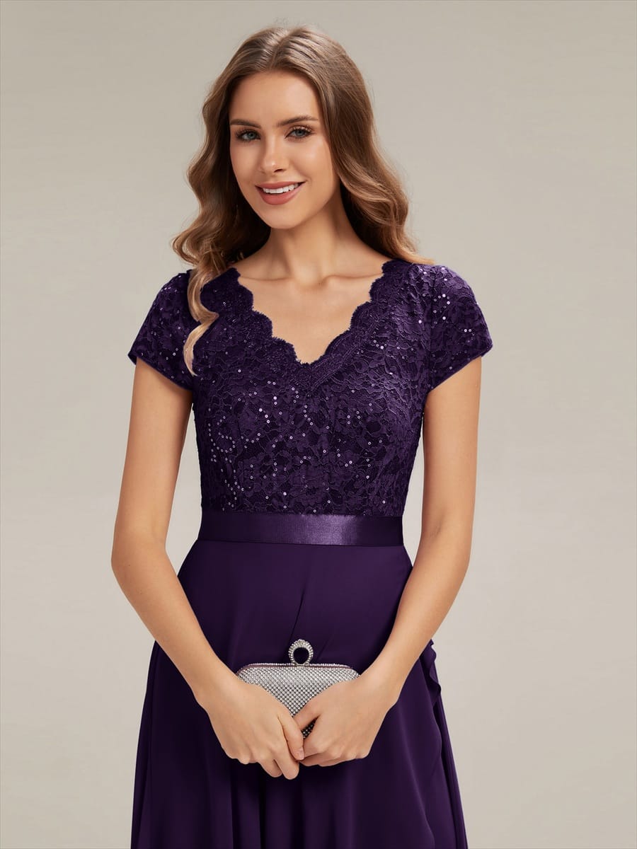 Deep V-Neck Chiffon Cap Sleeve Dress #color_Dark Purple