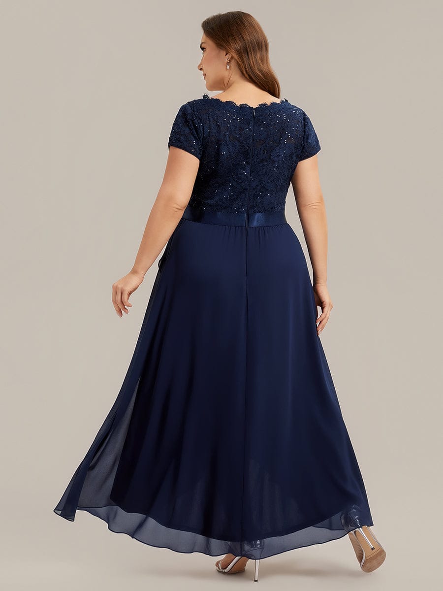 Deep V-Neck Chiffon Cap Sleeve Dress #color_Navy Blue