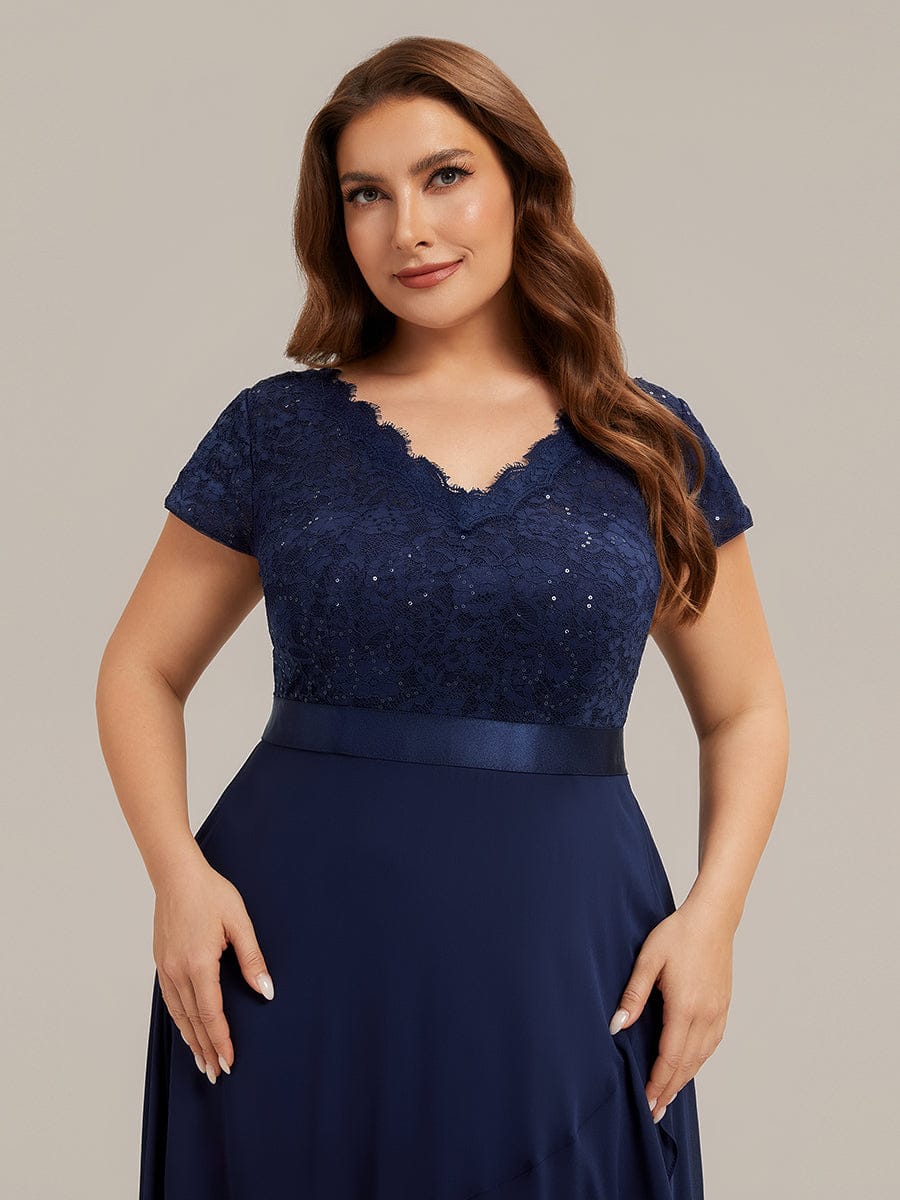 Deep V-Neck Chiffon Cap Sleeve Dress #color_Navy Blue