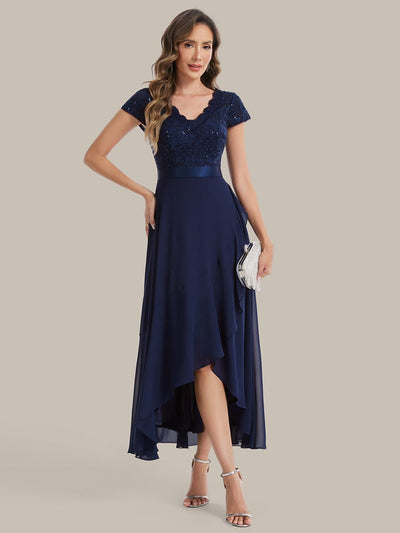 Deep V-Neck Chiffon Cap Sleeve Dress