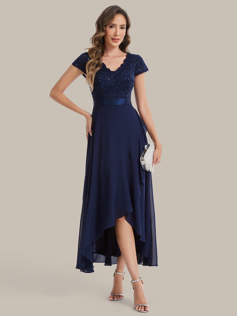 Deep V-Neck Chiffon Cap Sleeve Dress #color_Navy Blue