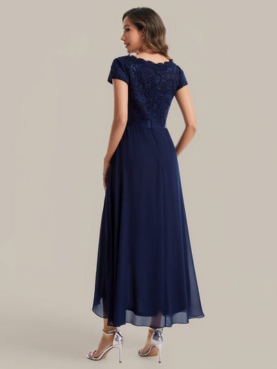 Deep V-Neck Chiffon Cap Sleeve Dress