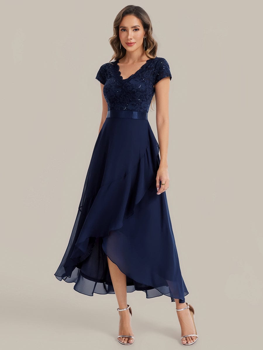 Deep V-Neck Chiffon Cap Sleeve Dress #color_Navy Blue