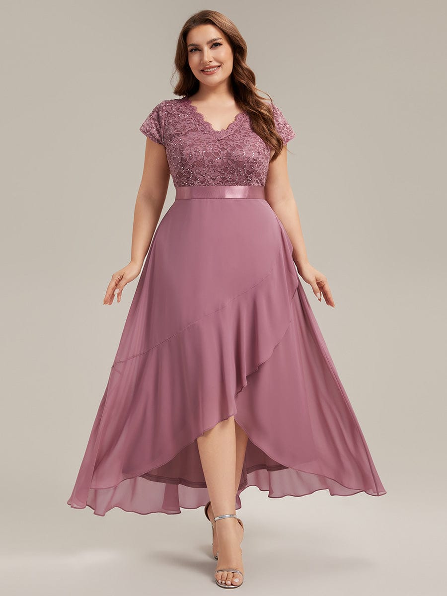Deep V-Neck Chiffon Cap Sleeve Dress #color_Purple Orchid