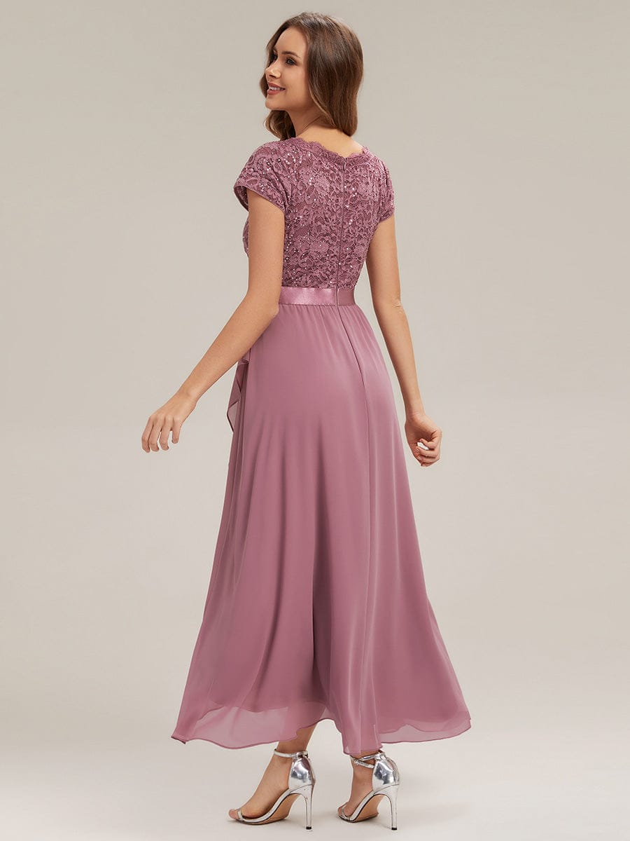 Deep V-Neck Chiffon Cap Sleeve Dress #color_Purple Orchid