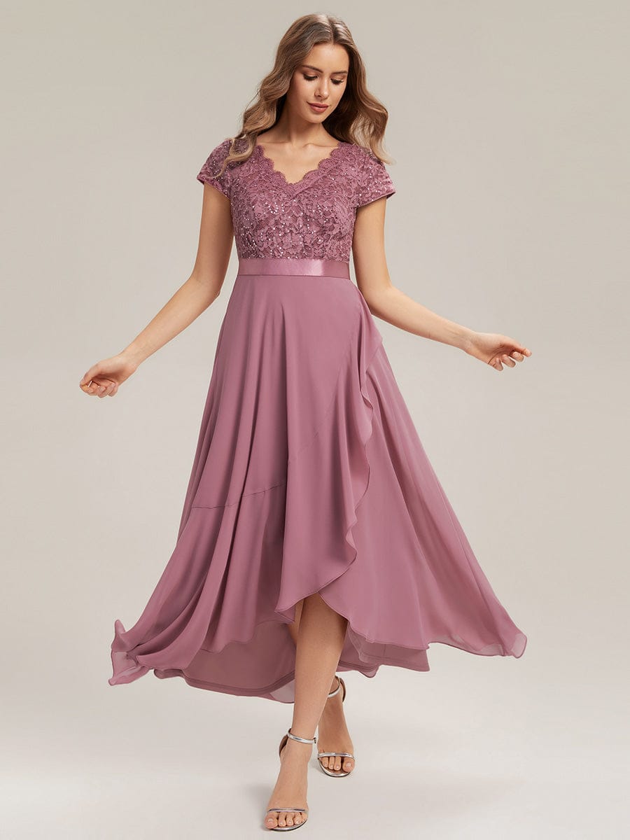 Deep V-Neck Chiffon Cap Sleeve Dress #color_Purple Orchid