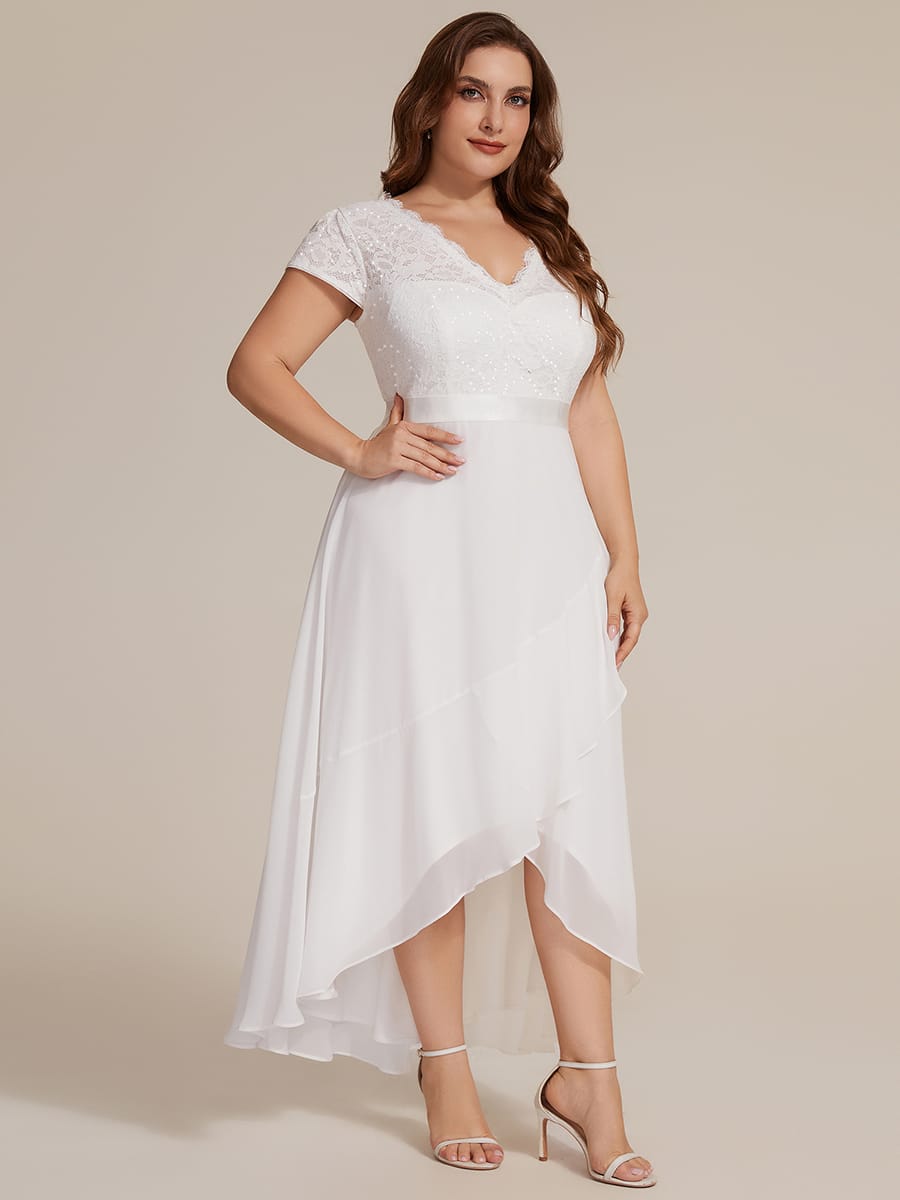 Deep V-Neck Chiffon Cap Sleeve Dress #color_White