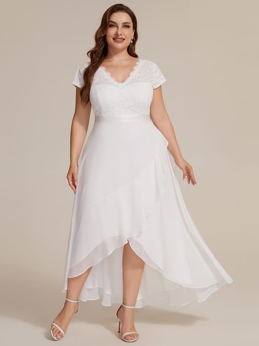 Deep V-Neck Chiffon Cap Sleeve Dress #color_White