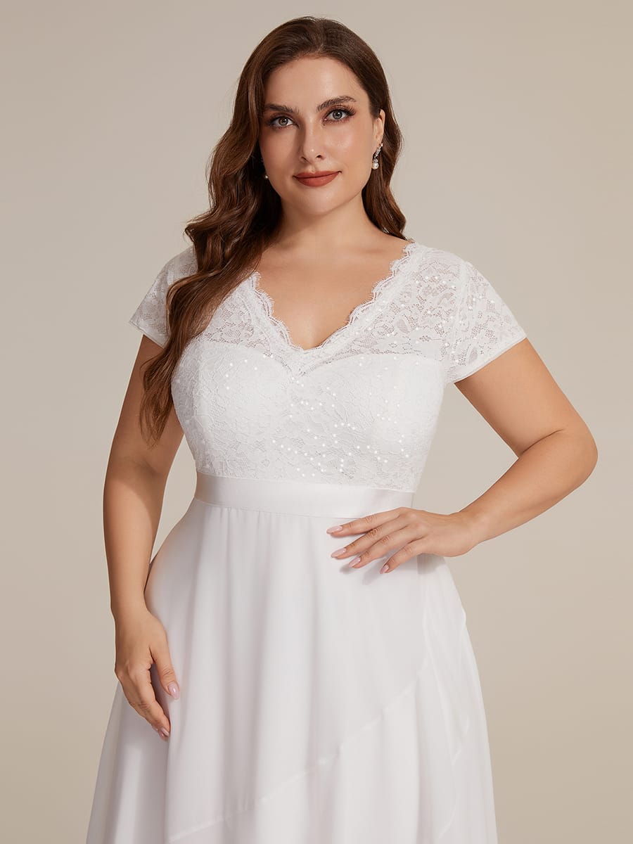Deep V-Neck Chiffon Cap Sleeve Dress #color_White