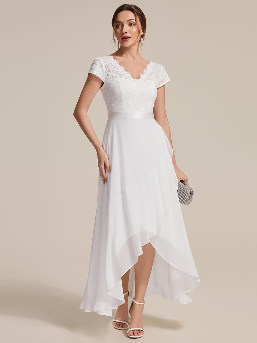 Deep V-Neck Chiffon Cap Sleeve Dress #color_White