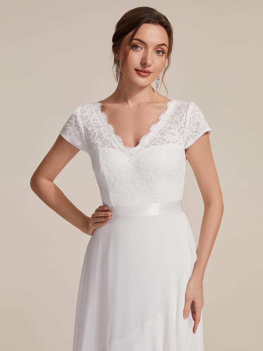 Deep V-Neck Chiffon Cap Sleeve Dress #color_White