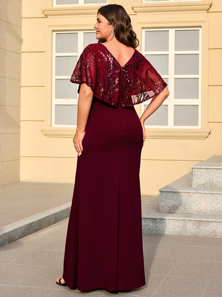 Thigh-High Slit Sequin Batwing Sleeve Dress #color_Burgundy