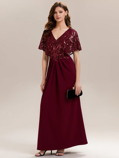 Thigh-High Slit Sequin Batwing Sleeve Dress #color_Burgundy