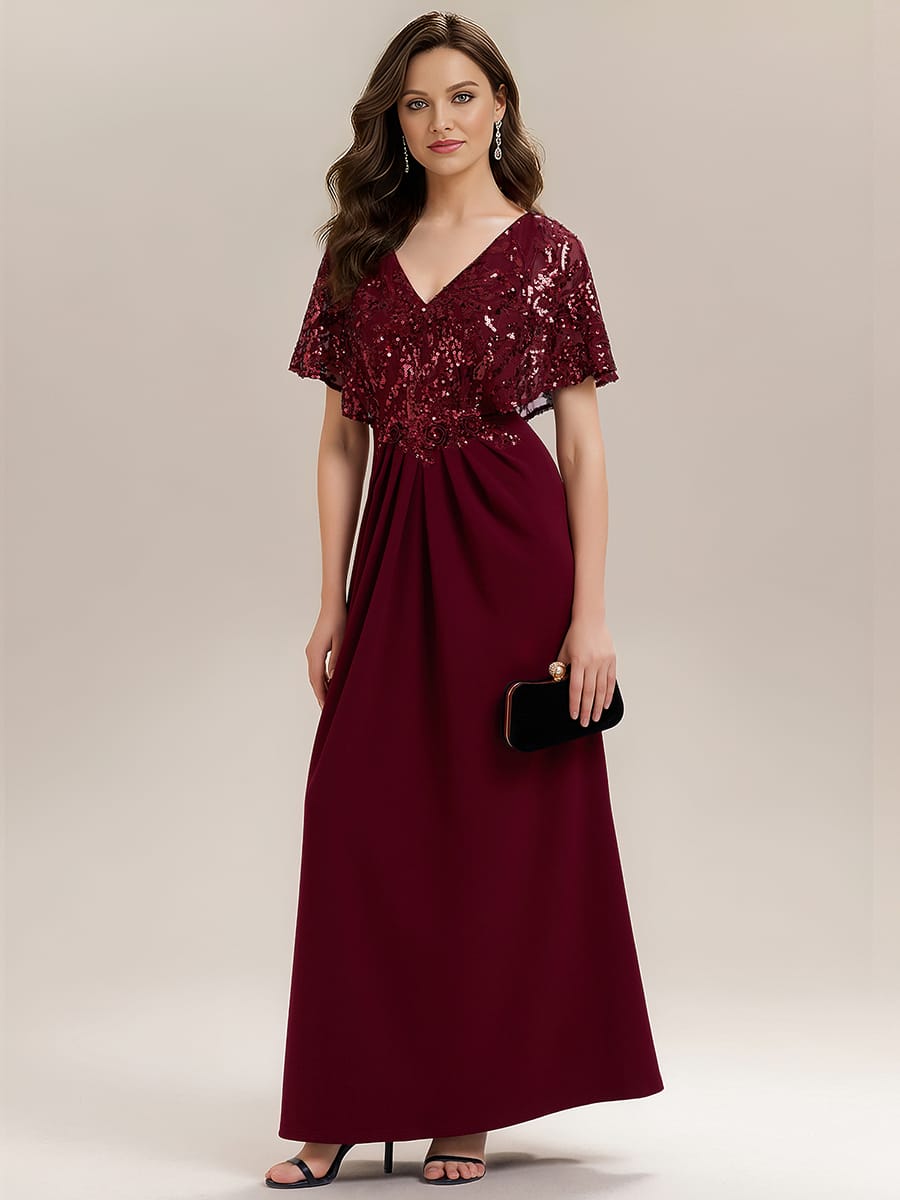 Thigh-High Slit Sequin Batwing Sleeve Dress #color_Burgundy