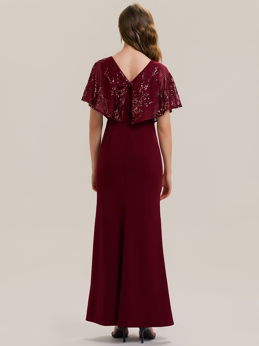 Thigh-High Slit Sequin Batwing Sleeve Dress #color_Burgundy