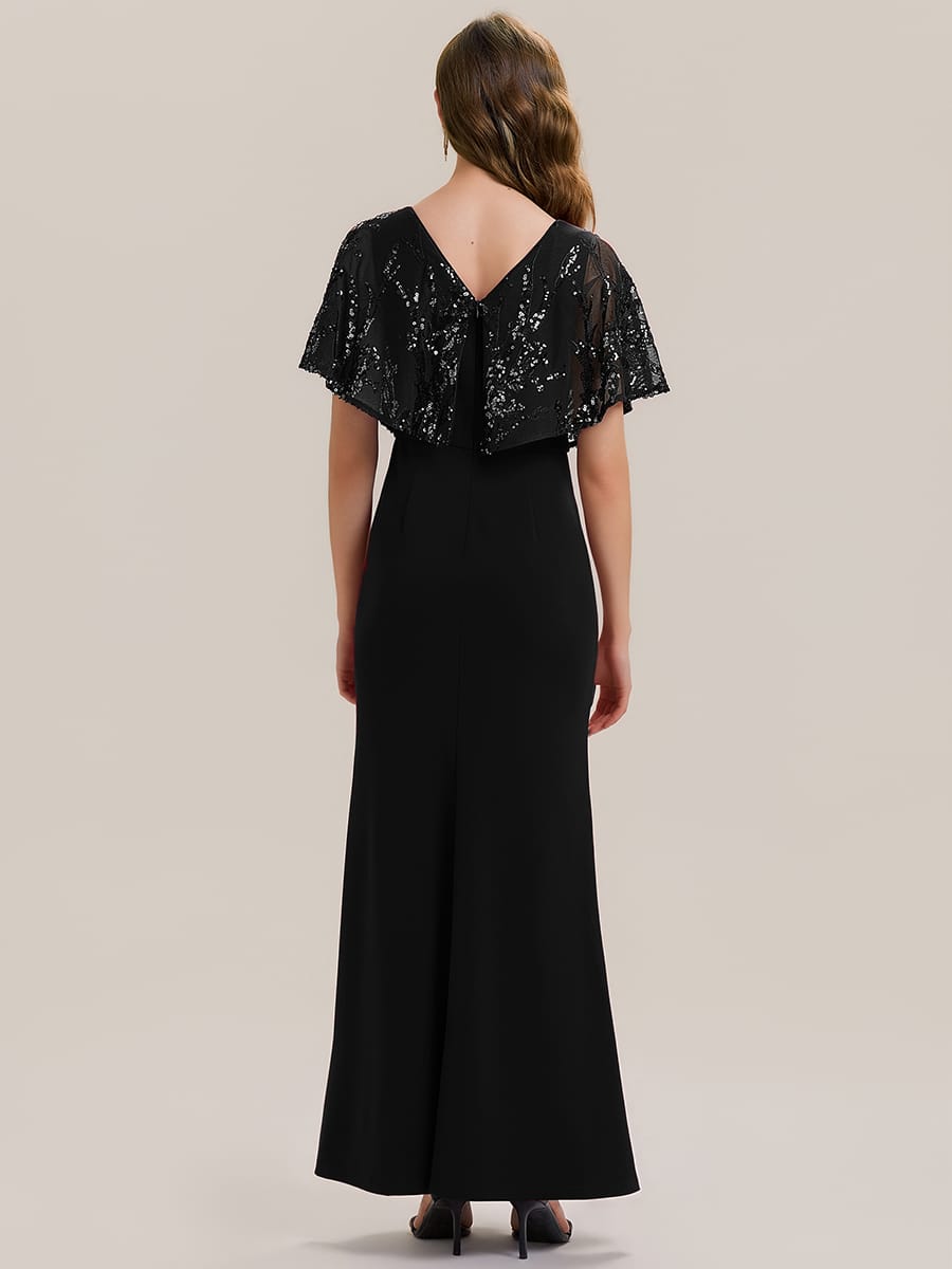 Thigh-High Slit Sequin Batwing Sleeve Dress #color_Black