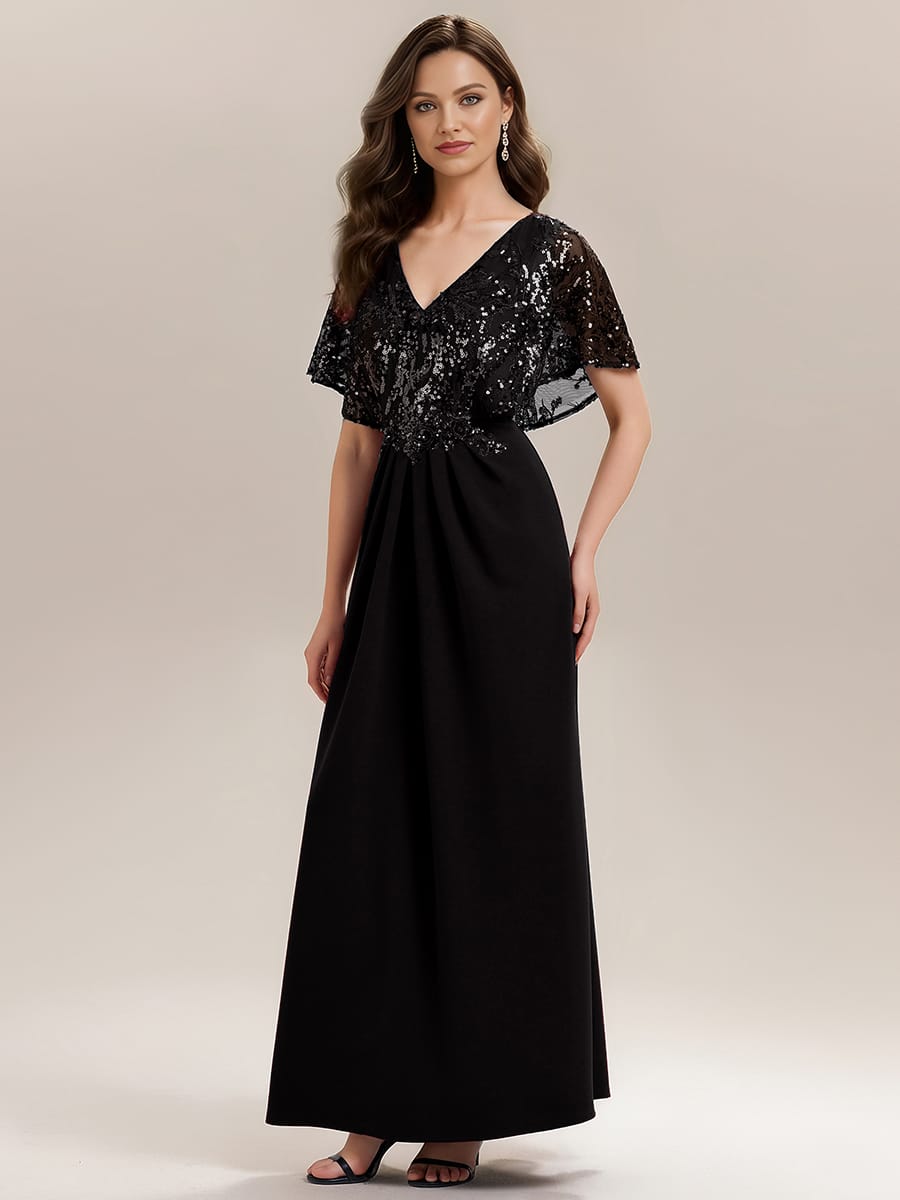 Thigh-High Slit Sequin Batwing Sleeve Dress #color_Black