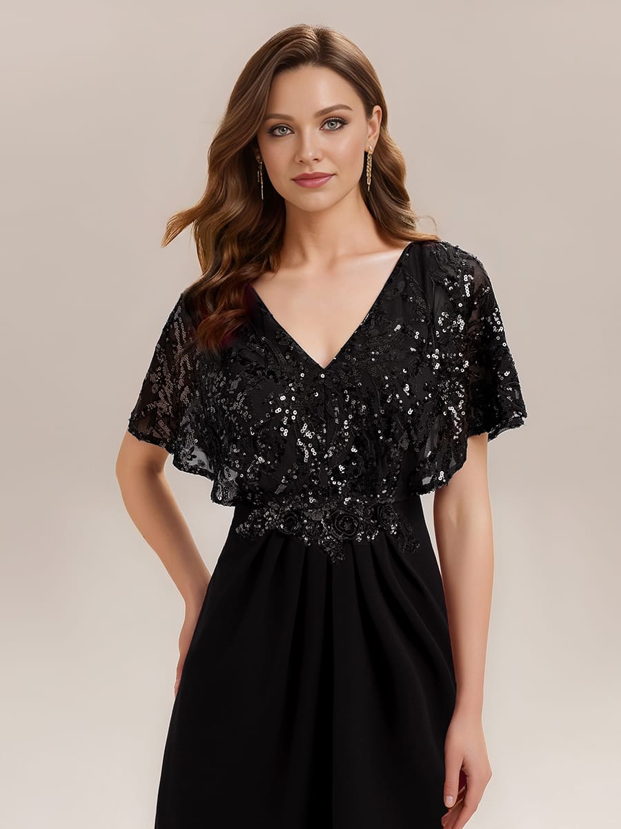 Thigh-High Slit Sequin Batwing Sleeve Dress #color_Black