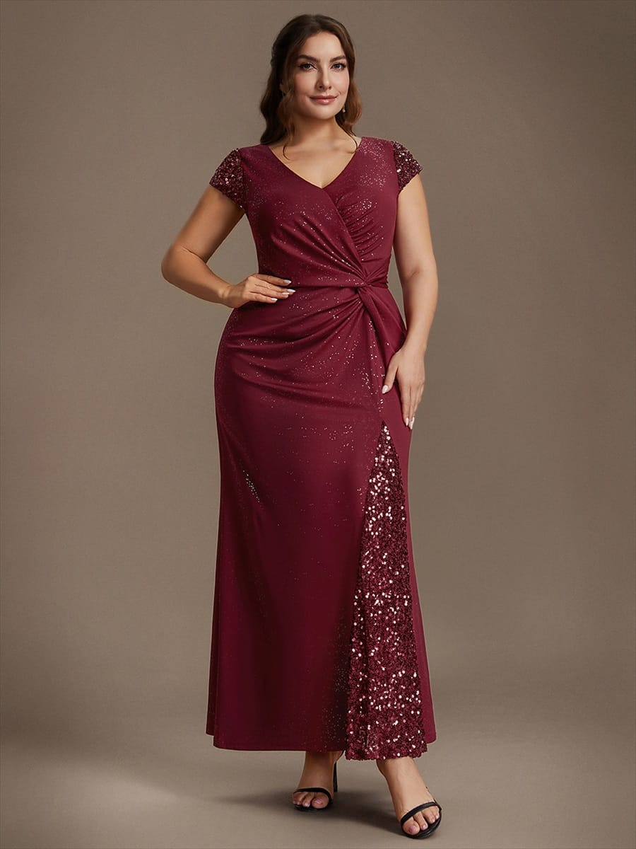 Knotted Knit Cap Sleeve Dress #color_Burgundy