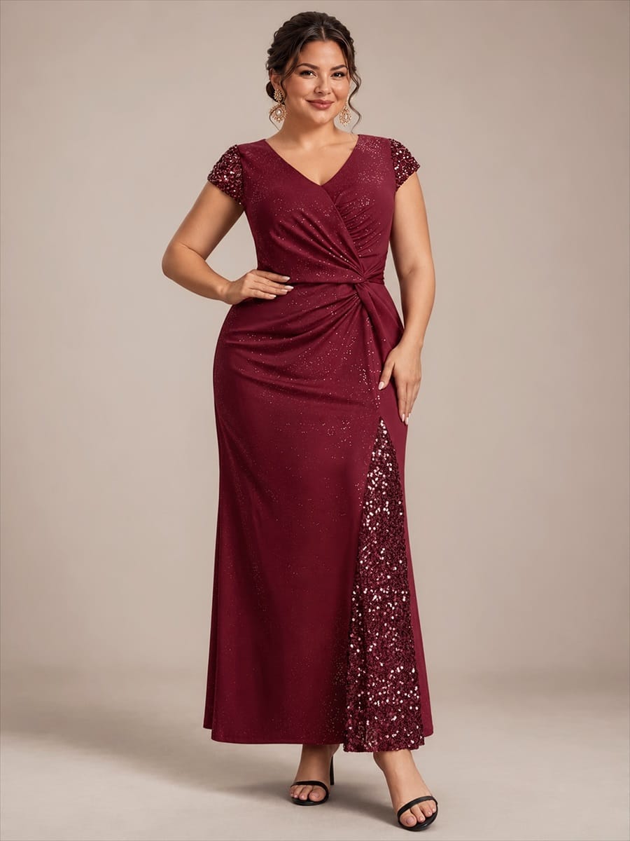 Knotted Knit Cap Sleeve Dress #color_Burgundy