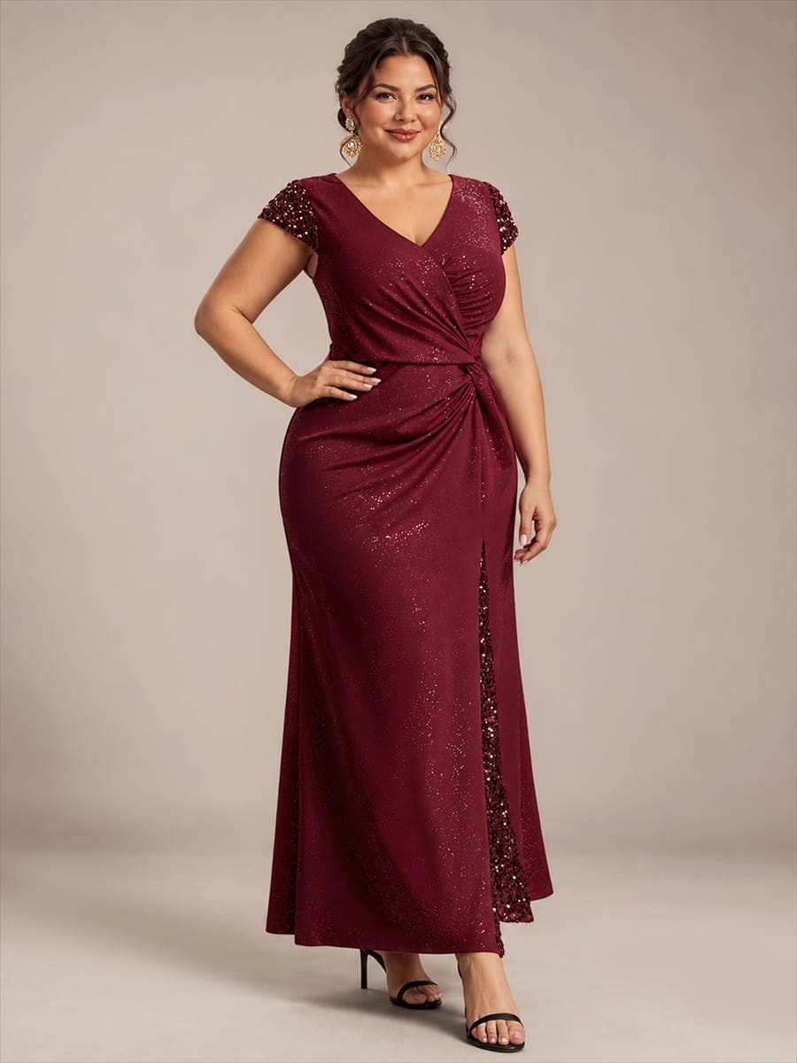 Knotted Knit Cap Sleeve Dress #color_Burgundy
