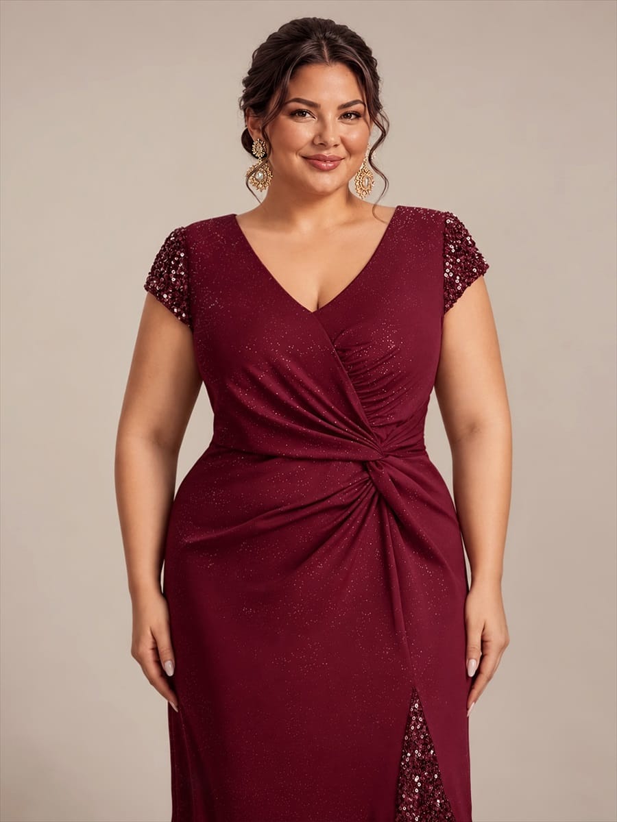 Knotted Knit Cap Sleeve Dress #color_Burgundy