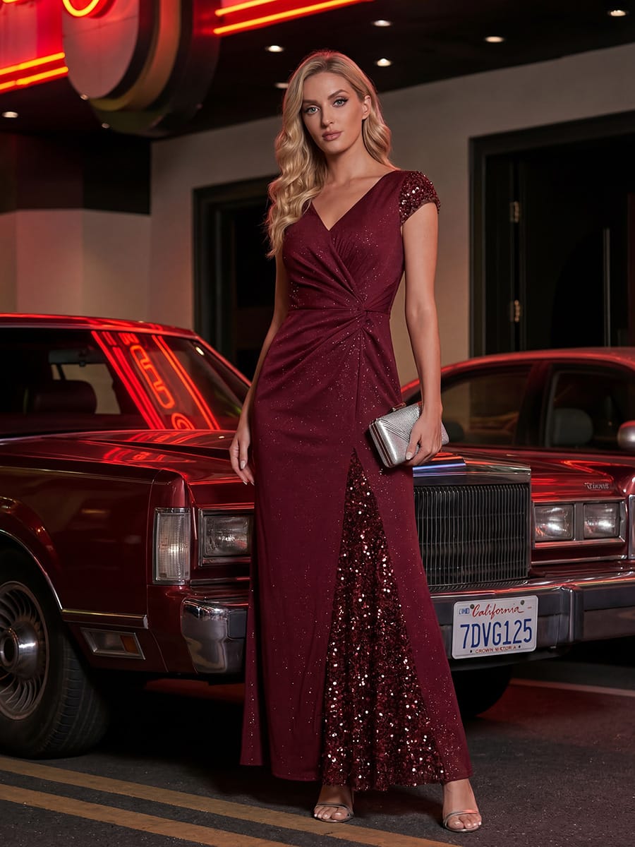 Knotted Knit Cap Sleeve Dress #color_Burgundy