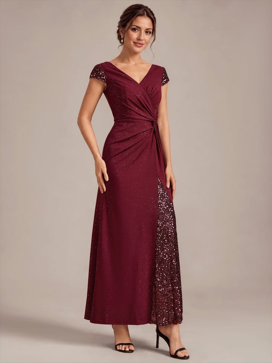 Knotted Knit Cap Sleeve Dress #color_Burgundy