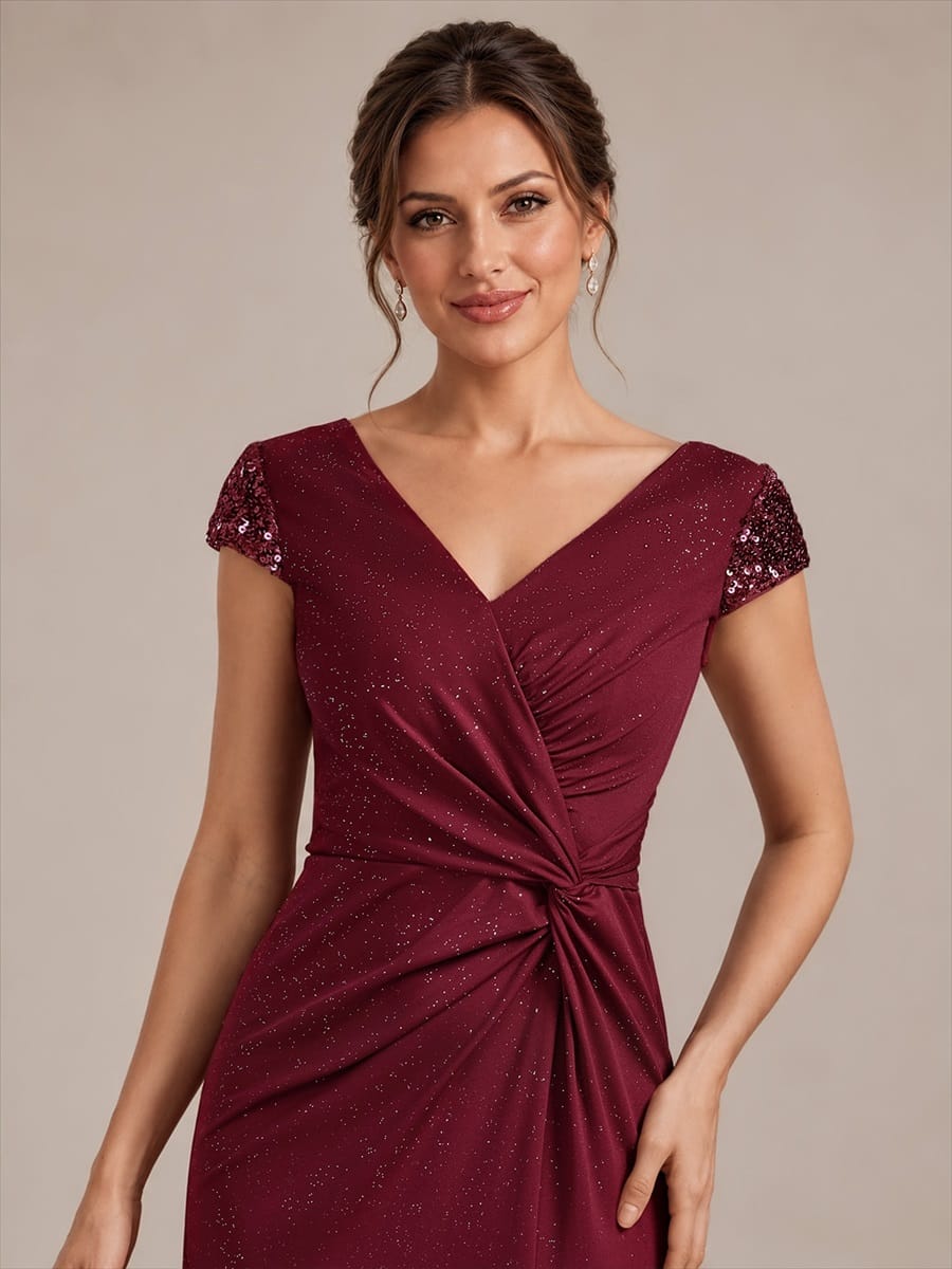 Knotted Knit Cap Sleeve Dress #color_Burgundy