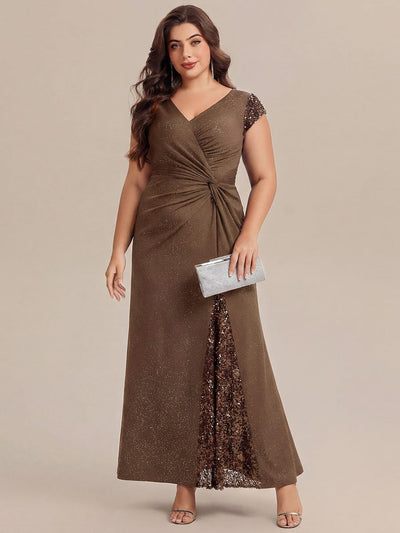 pretty KAIA|Plus Size Sequin Maxi Dress with V Neck & Cap Sleeves