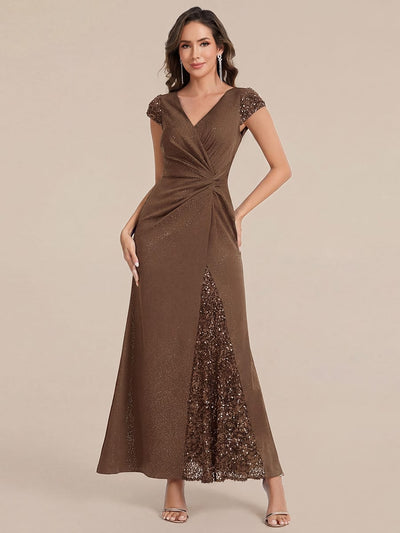 ever KAIA| Ruched Sequin Maxi Dress with V Neck & Cap Sleeves