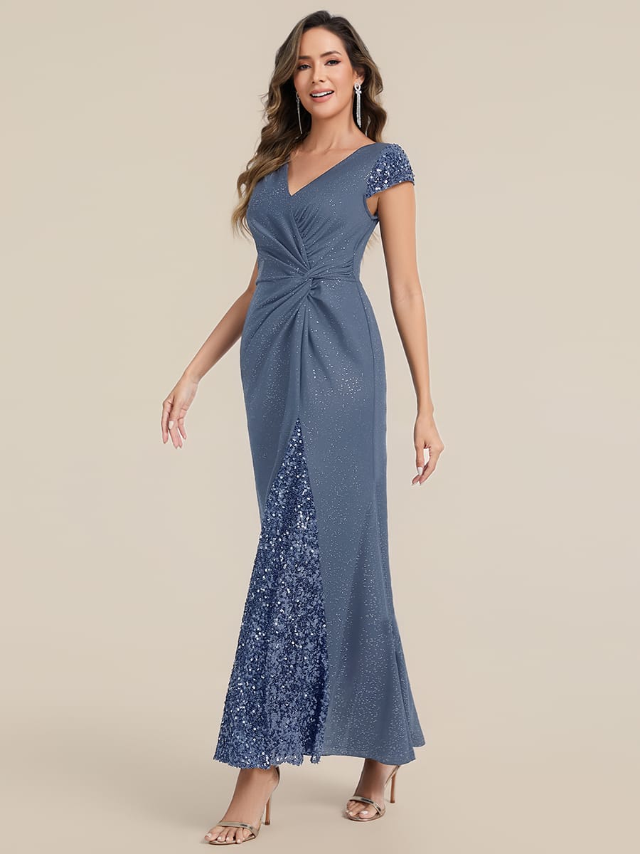 Knotted Knit Cap Sleeve Dress #color_Dusty Blue