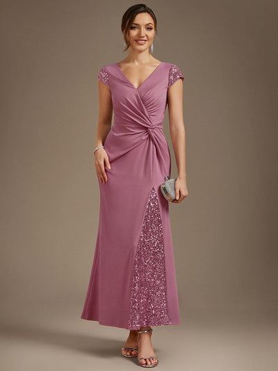 ever KAIA| Ruched Sequin Maxi Dress with V Neck & Cap Sleeves