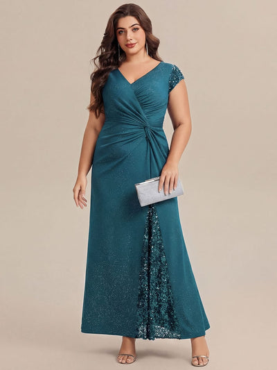 pretty KAIA|Plus Size Sequin Maxi Dress with V Neck & Cap Sleeves