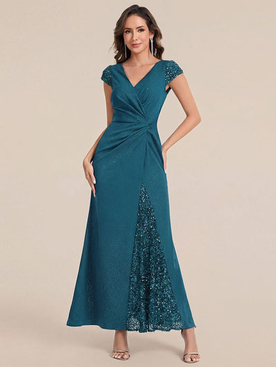 ever KAIA| Ruched Sequin Maxi Dress with V Neck & Cap Sleeves