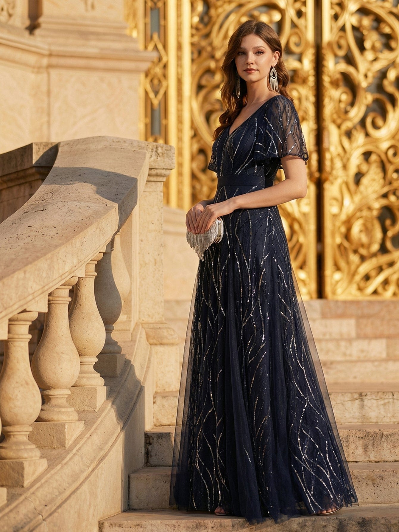 ever VEDA|Deep V-Neck Sequin Ruffle Sleeve Dress