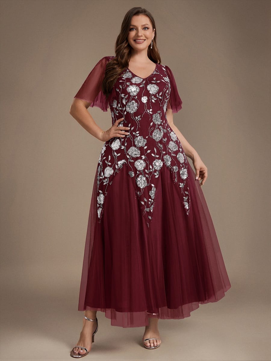 Patchwork Sequin Ruffle Sleeve Dress #color_Burgundy