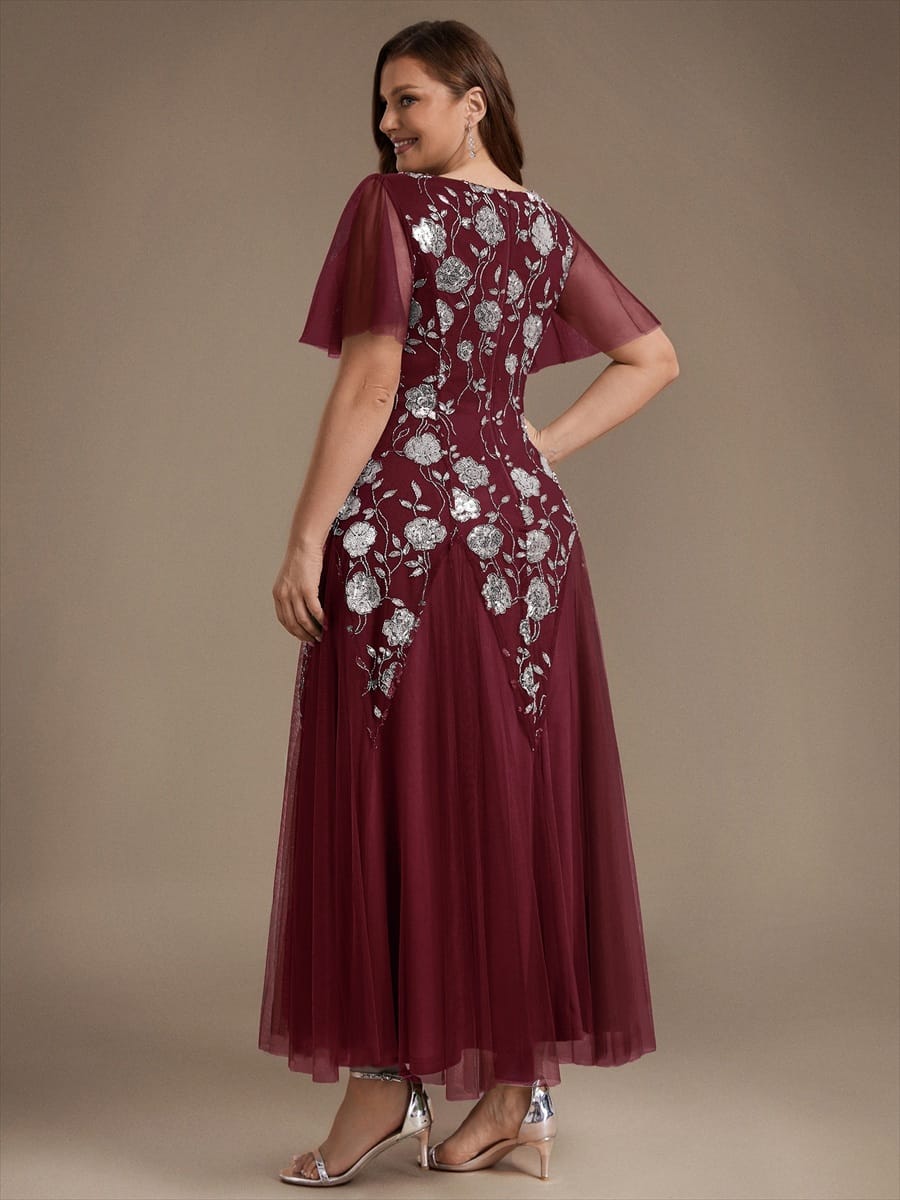Patchwork Sequin Ruffle Sleeve Dress #color_Burgundy
