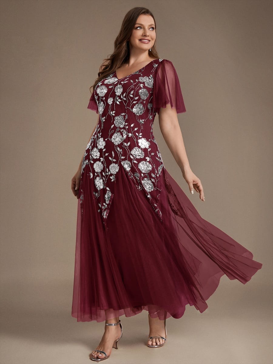 Patchwork Sequin Ruffle Sleeve Dress #color_Burgundy