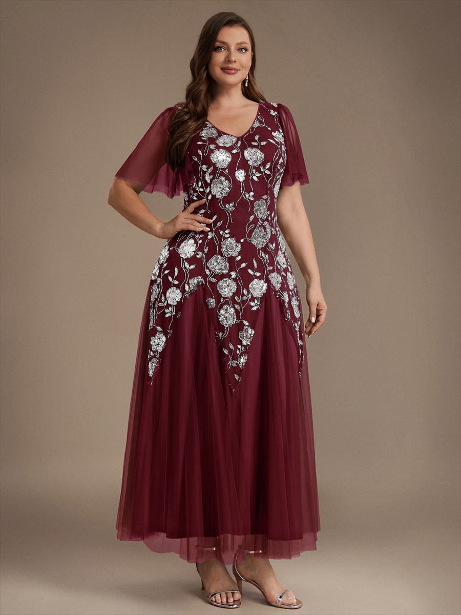 Patchwork Sequin Ruffle Sleeve Dress #color_Burgundy