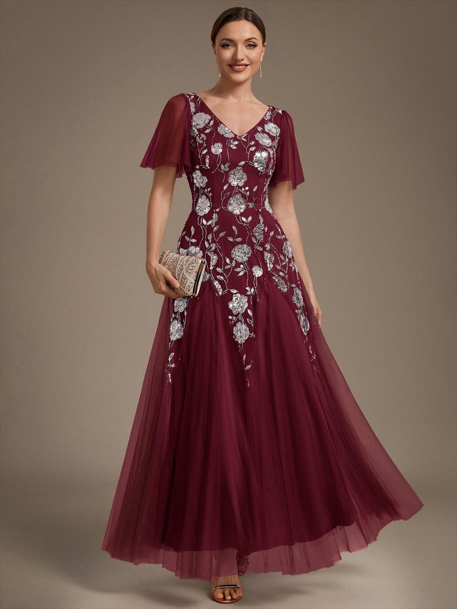 Patchwork Sequin Ruffle Sleeve Dress #color_Burgundy