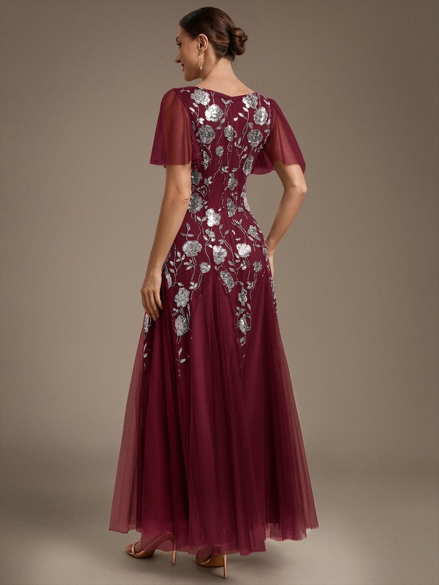 Patchwork Sequin Ruffle Sleeve Dress #color_Burgundy