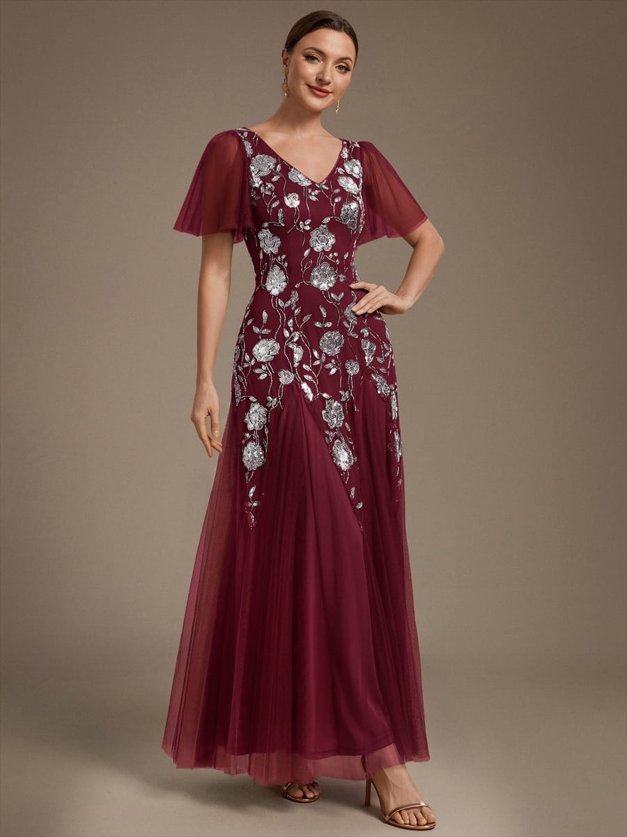 Patchwork Sequin Ruffle Sleeve Dress #color_Burgundy
