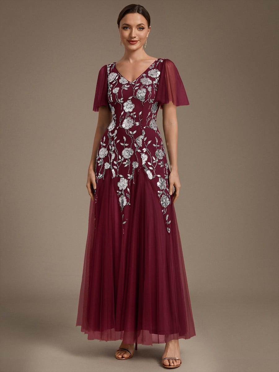 Patchwork Sequin Ruffle Sleeve Dress #color_Burgundy