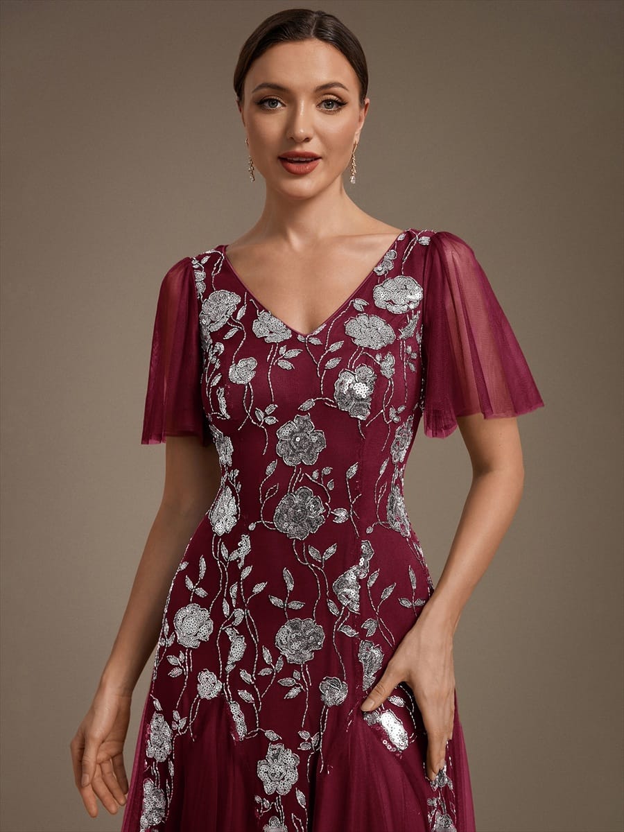 Patchwork Sequin Ruffle Sleeve Dress #color_Burgundy