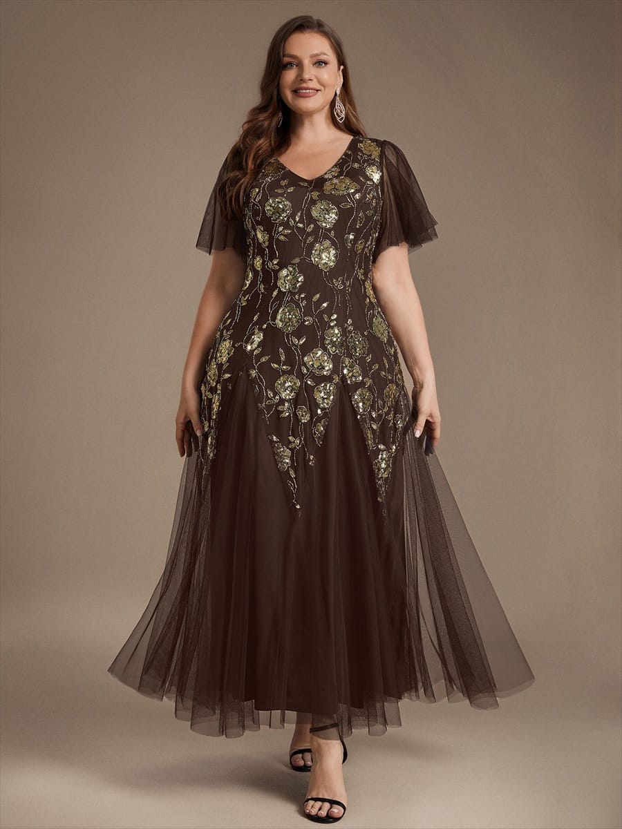 Patchwork Sequin Ruffle Sleeve Dress #color_Chocolate brown
