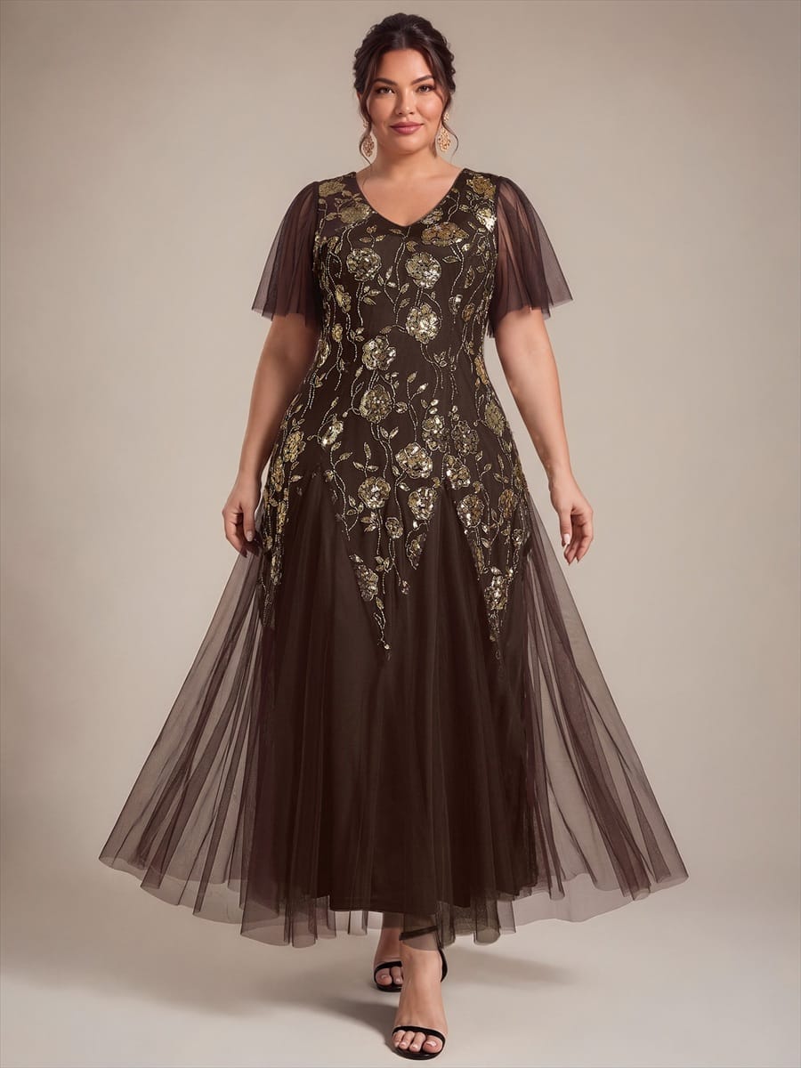 Patchwork Sequin Ruffle Sleeve Dress #color_Chocolate brown