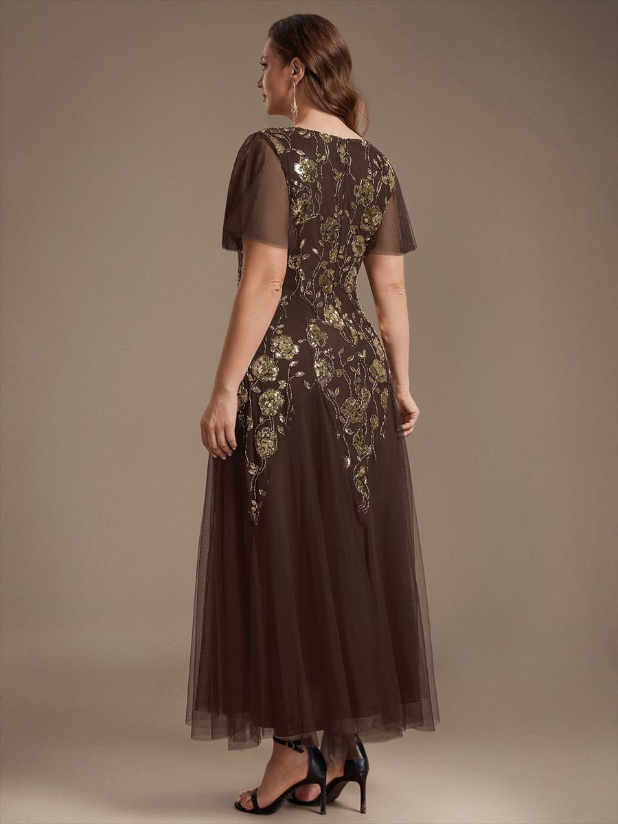 Patchwork Sequin Ruffle Sleeve Dress #color_Chocolate brown