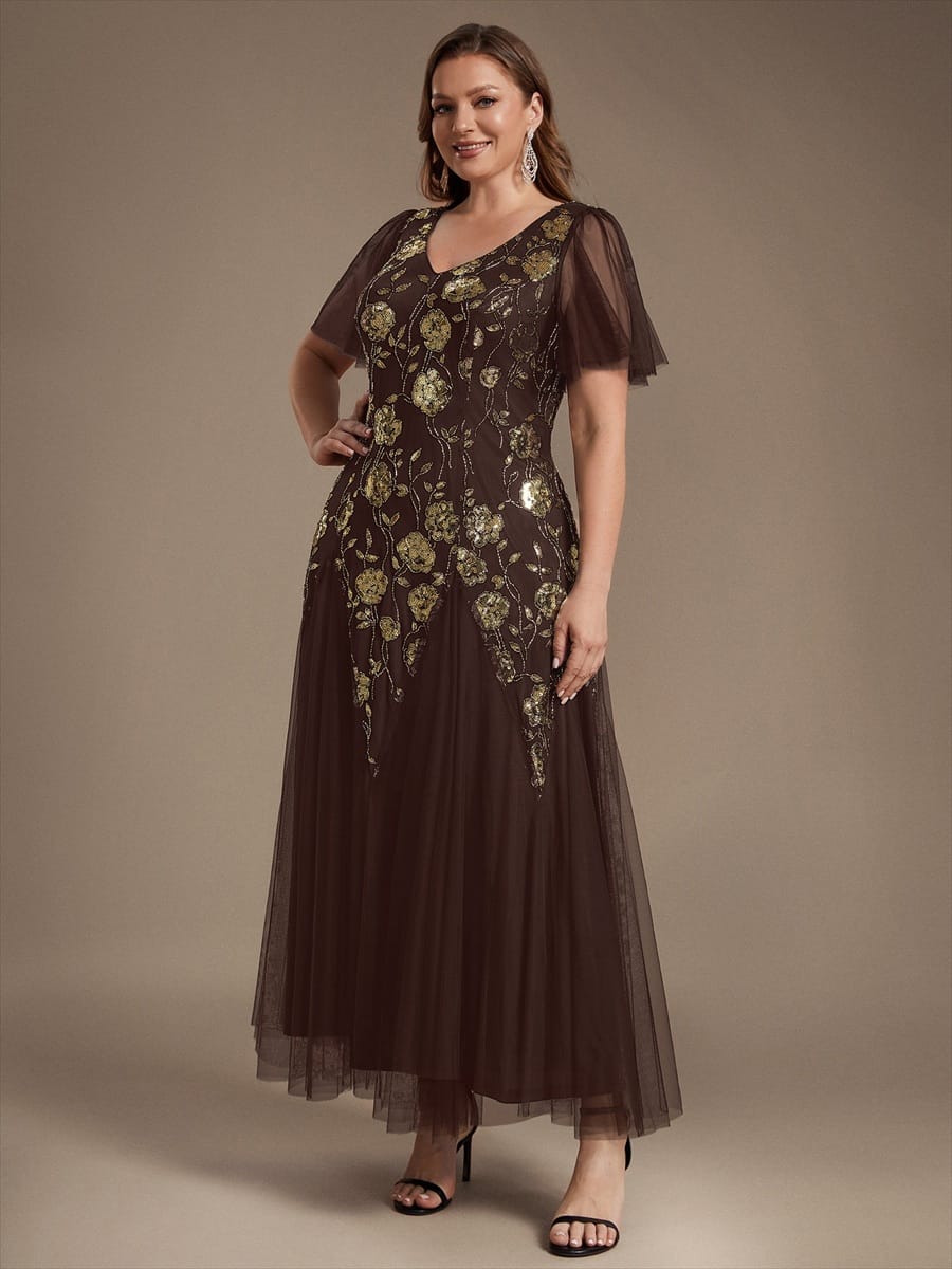 Patchwork Sequin Ruffle Sleeve Dress #color_Chocolate brown